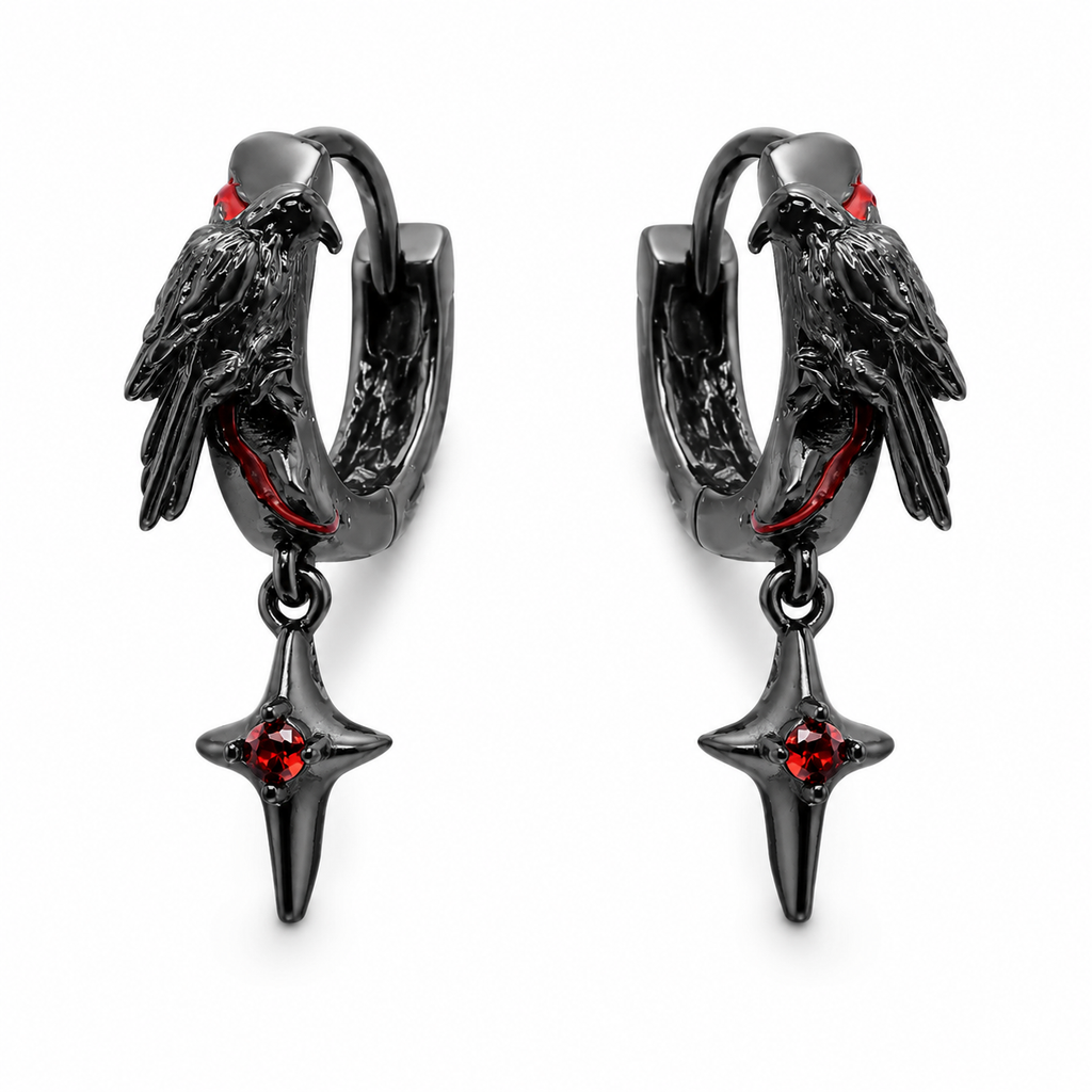 Raven Star Black Hoop Earrings with red star drops