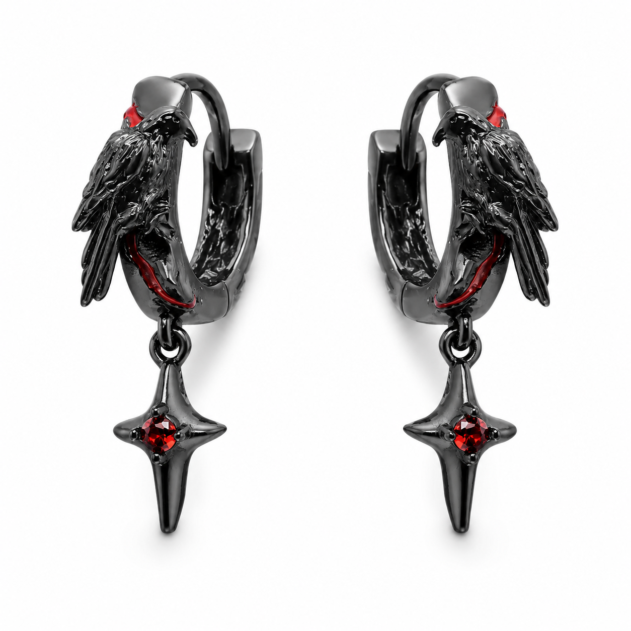 Raven Star Black Hoop Earrings with red star drops