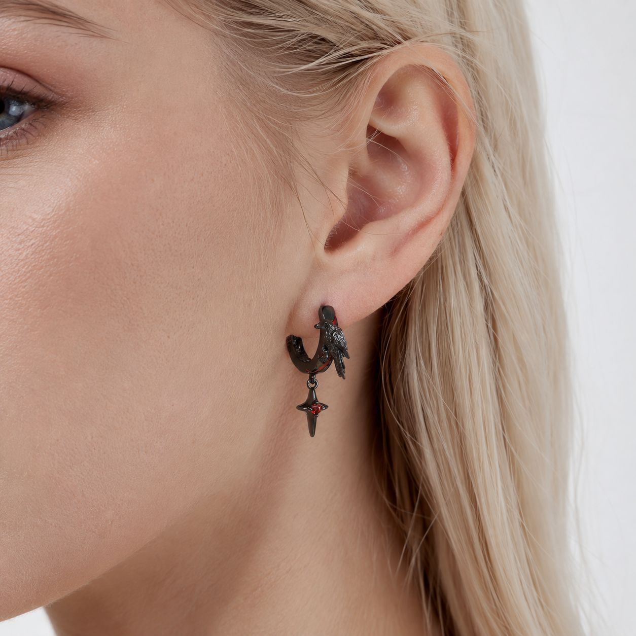 Raven Star Black Hoop Earrings with red star drops – alternate product view