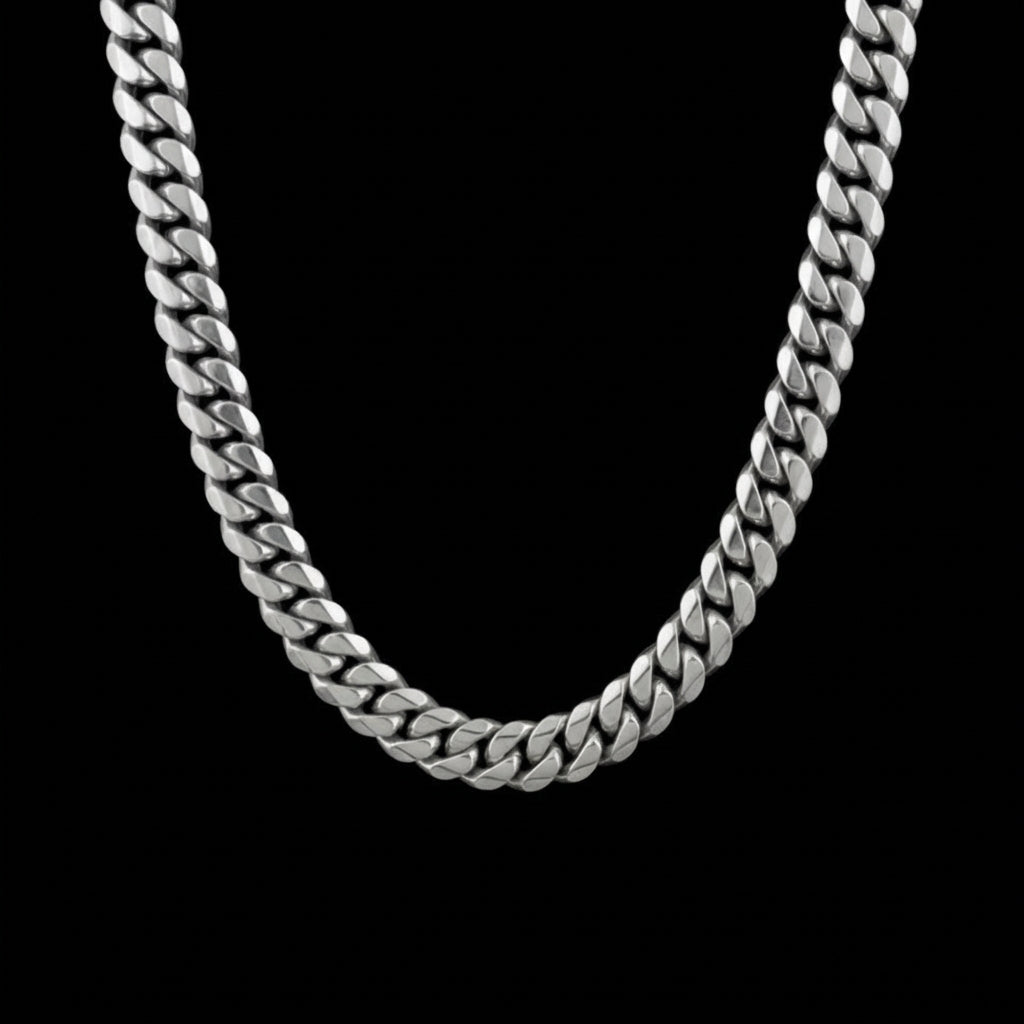 12mm Cuban link stainless steel chain necklace on a black background