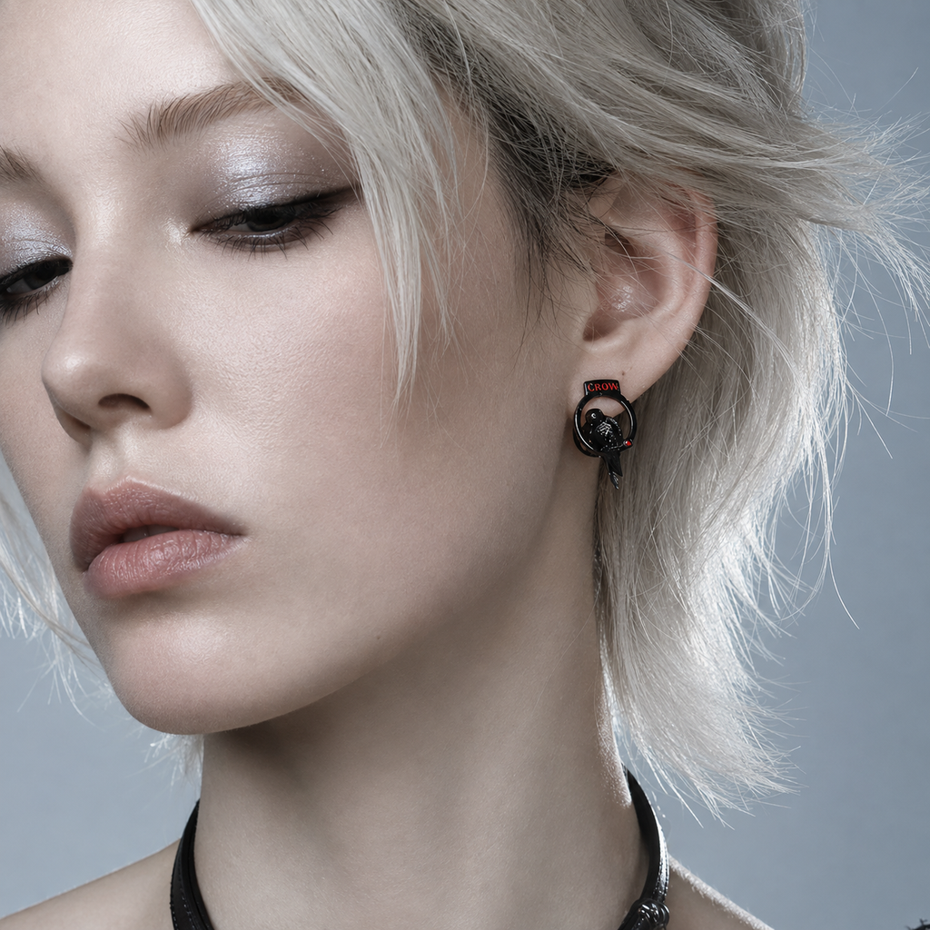 Crow Sigil Gothic Stud Earrings in black and silver – styling view