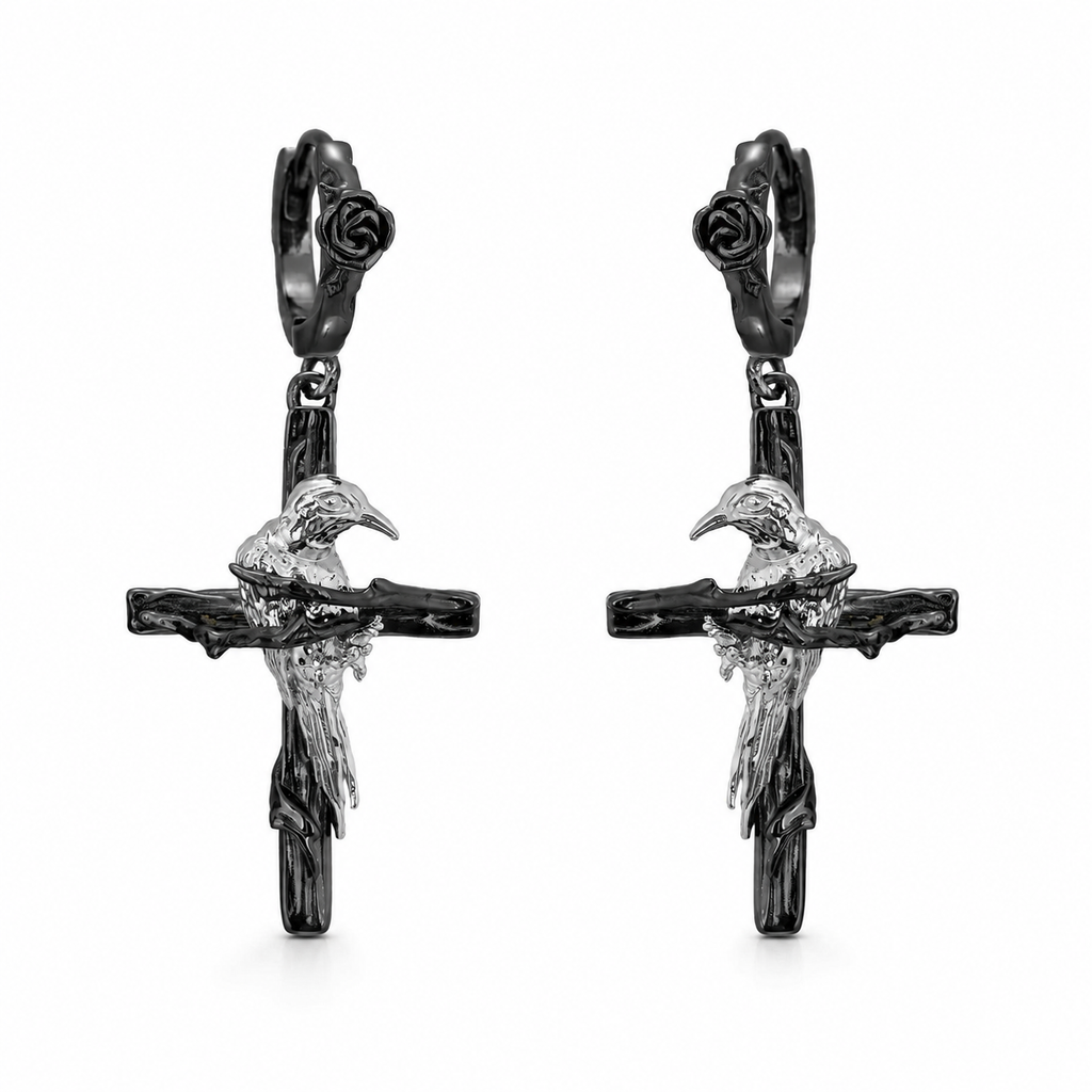 Raven Relic Cross Drop Earrings in black and silver – Black variant