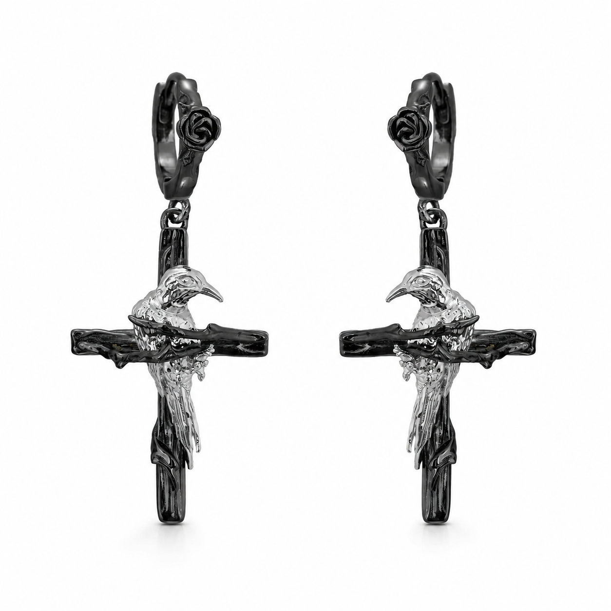Raven Relic Cross Drop Earrings in black and silver – Black variant