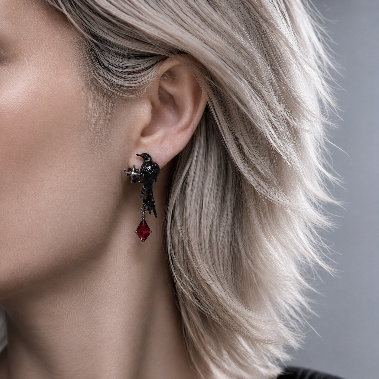 Omen Raven Black Drop Earrings with faceted stone – styling view