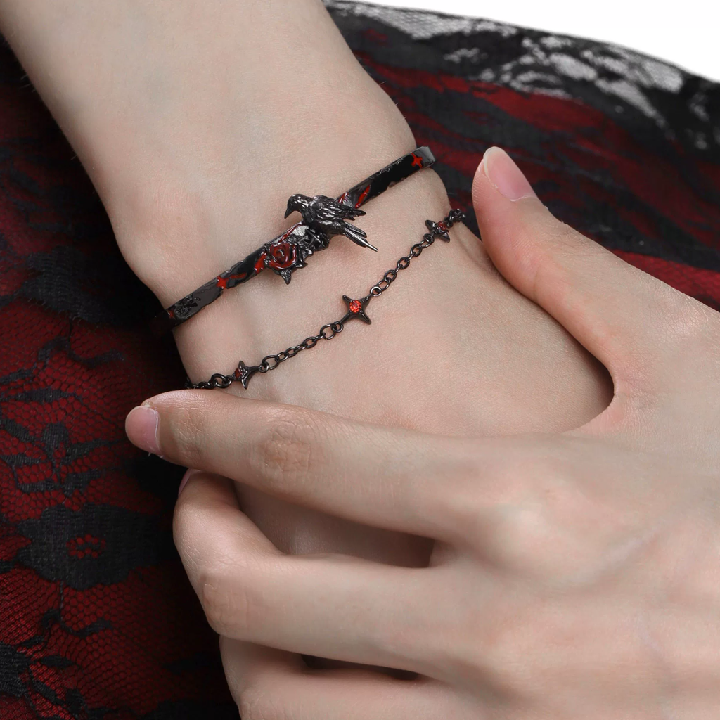 Raven Rose Black Cuff Bracelet with crimson rose – alternate product view