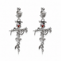 Thorned Rose Gothic Cross Earrings with red cubic zirconia – Silver variant
