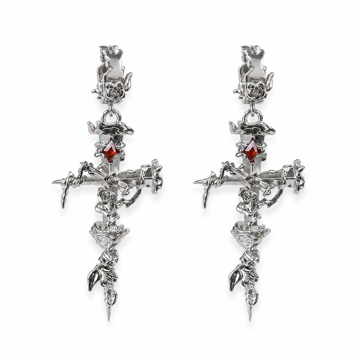 Thorned Rose Gothic Cross Earrings with red cubic zirconia – Silver variant