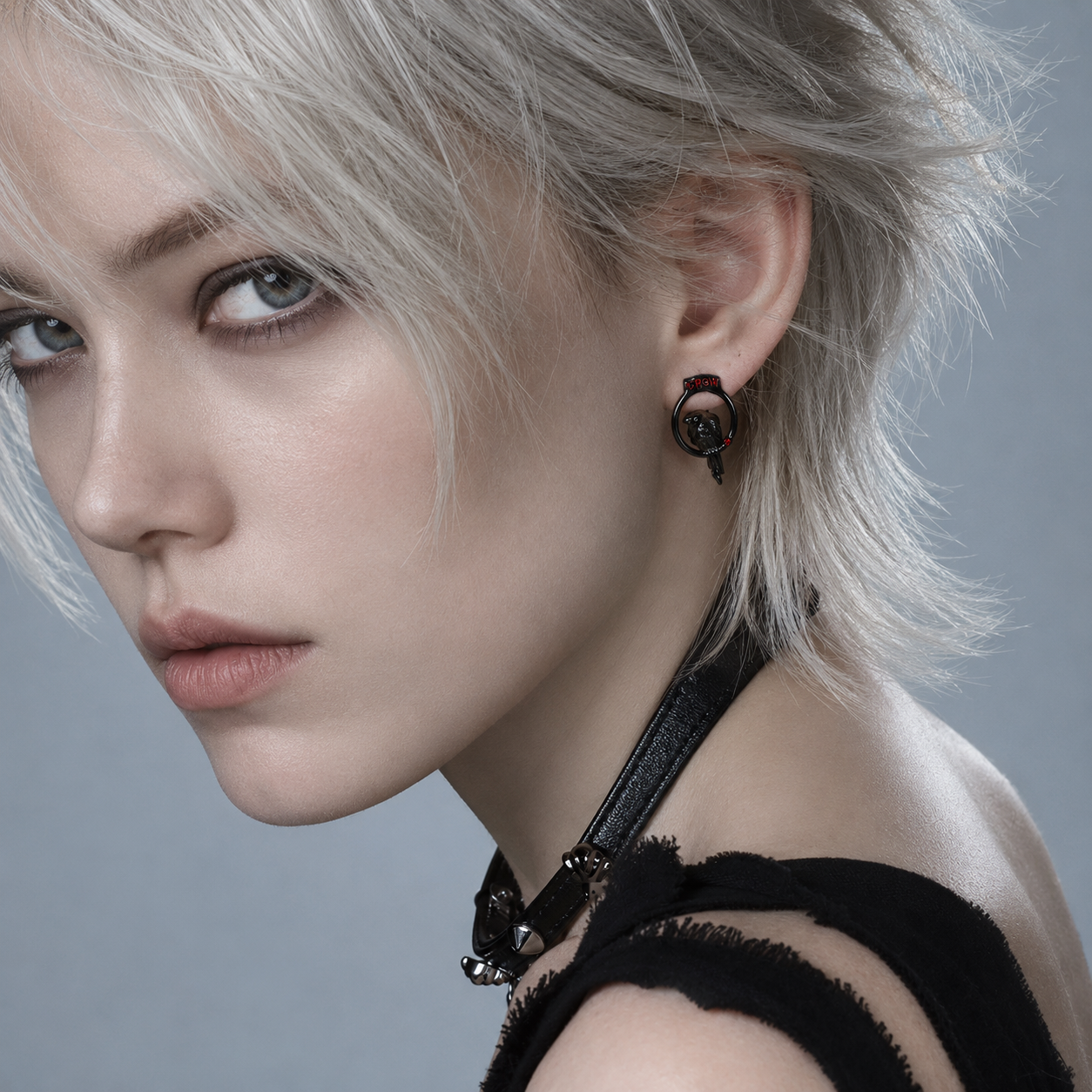 Crow Sigil Gothic Stud Earrings in black and silver – detail view