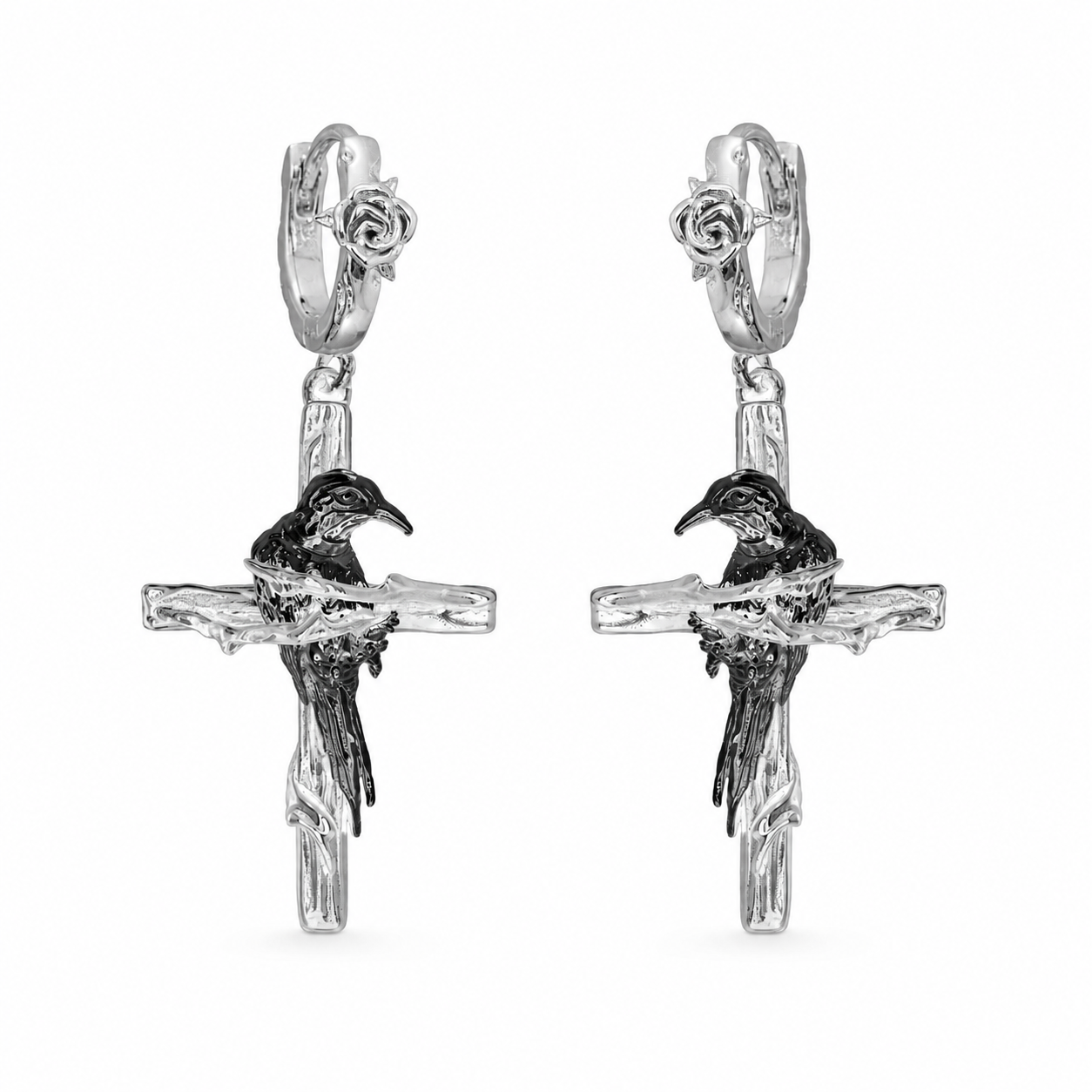 Raven Relic Cross Drop Earrings in black and silver – Silver variant