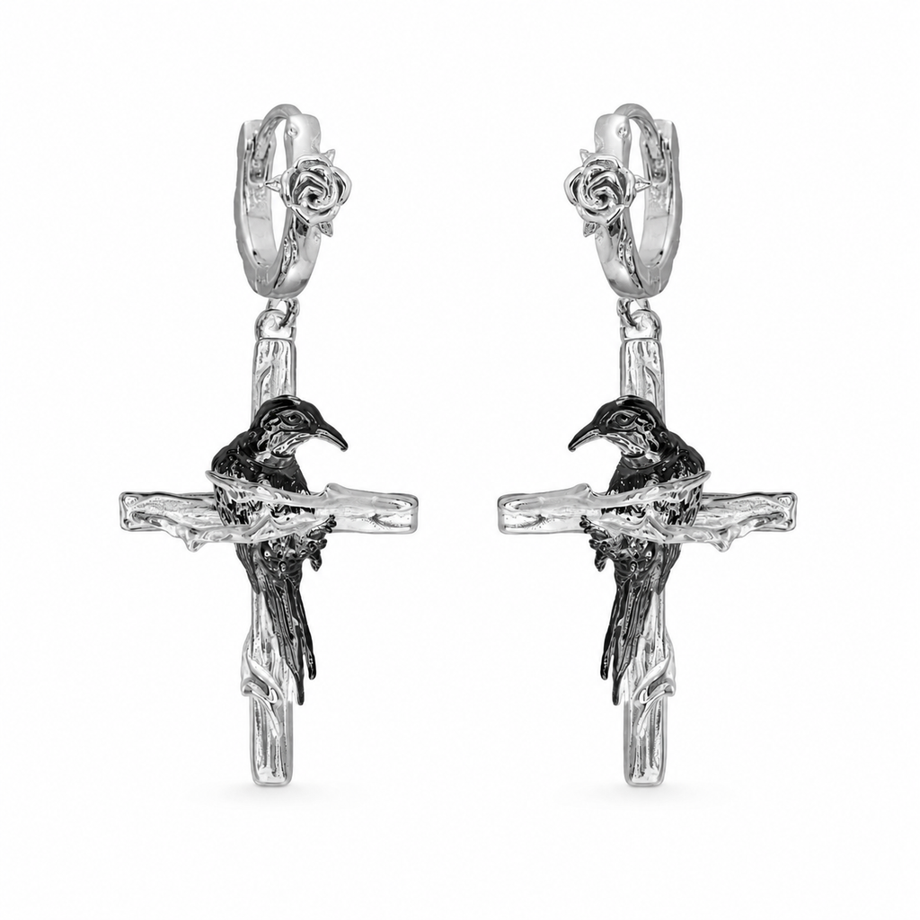 Raven Relic Cross Drop Earrings in black and silver – styling view