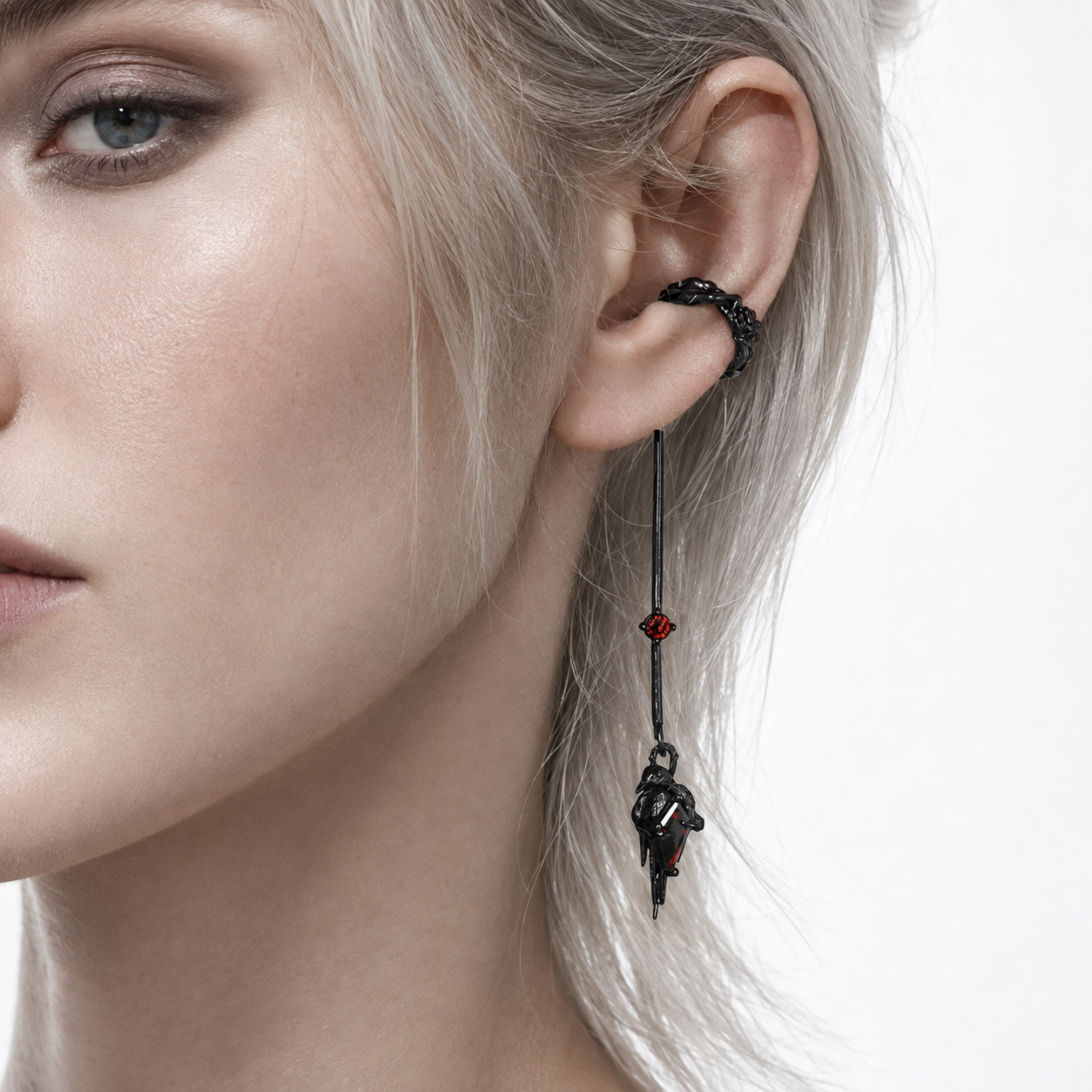 Raven Relic Long Clip-On Earrings – detail view