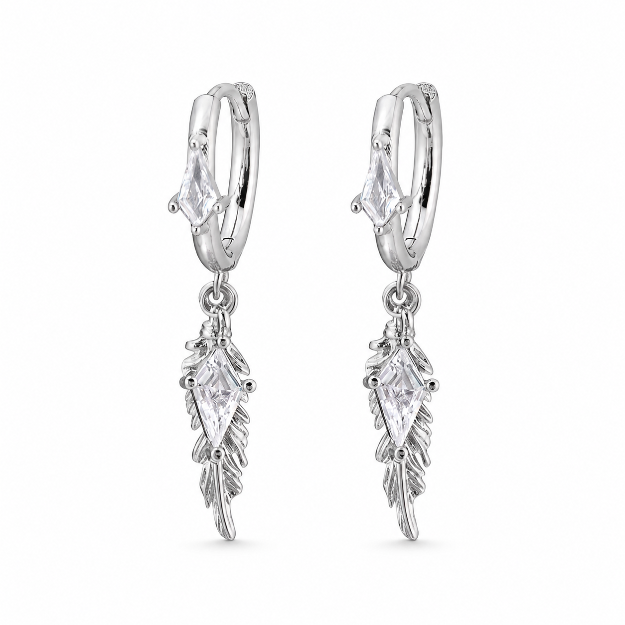 Fallen Feather Hoop Drop Earrings – Silver / Clear variant