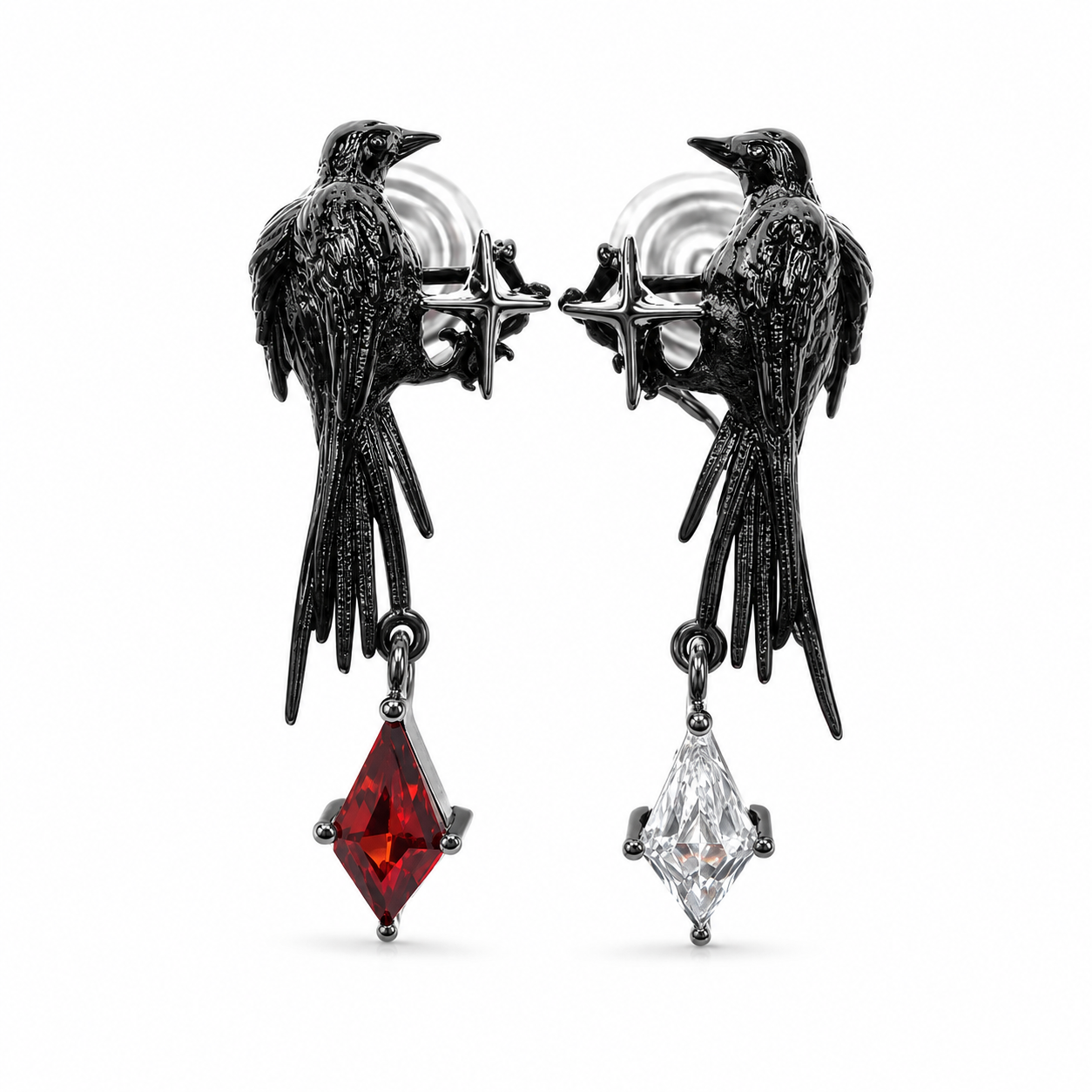 Omen Raven Black Drop Earrings with faceted stone – Red variant