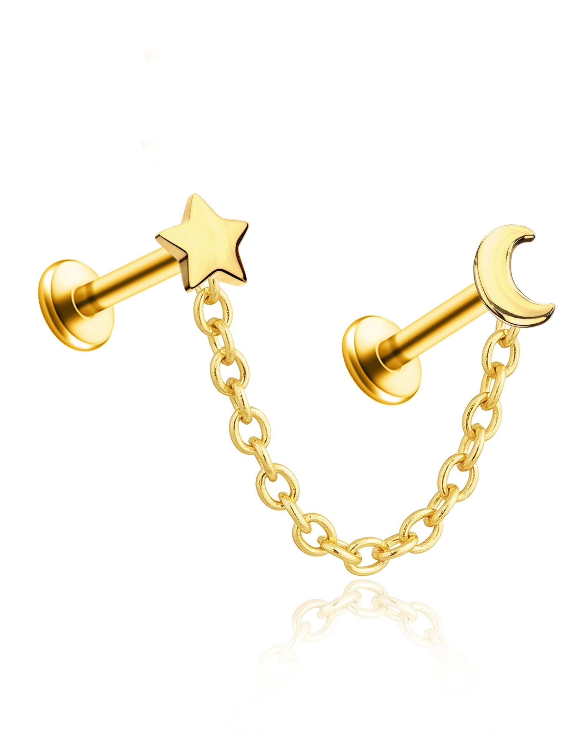 Celeste Star & Moon Polished Chain Ear Piercing Earring Stud Set