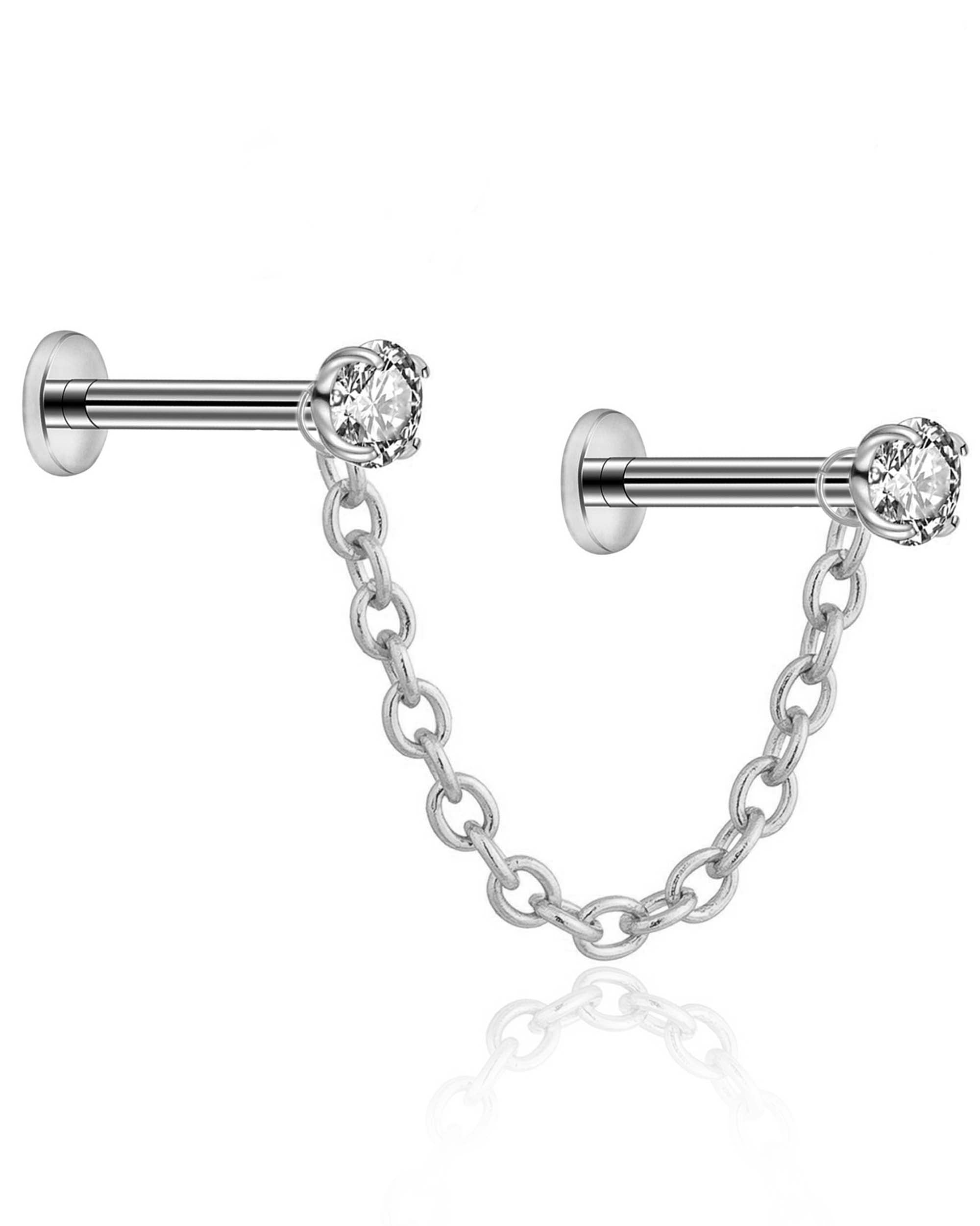 Gemini Chain Double Crystal Threaded Prong Ear Piercing Earring Stud Set