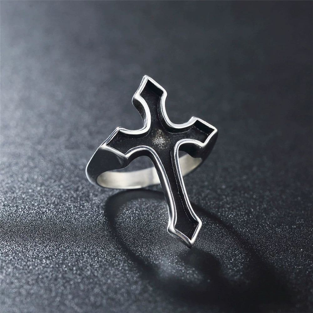Obsidian Crucifix Stainless Steel Ring