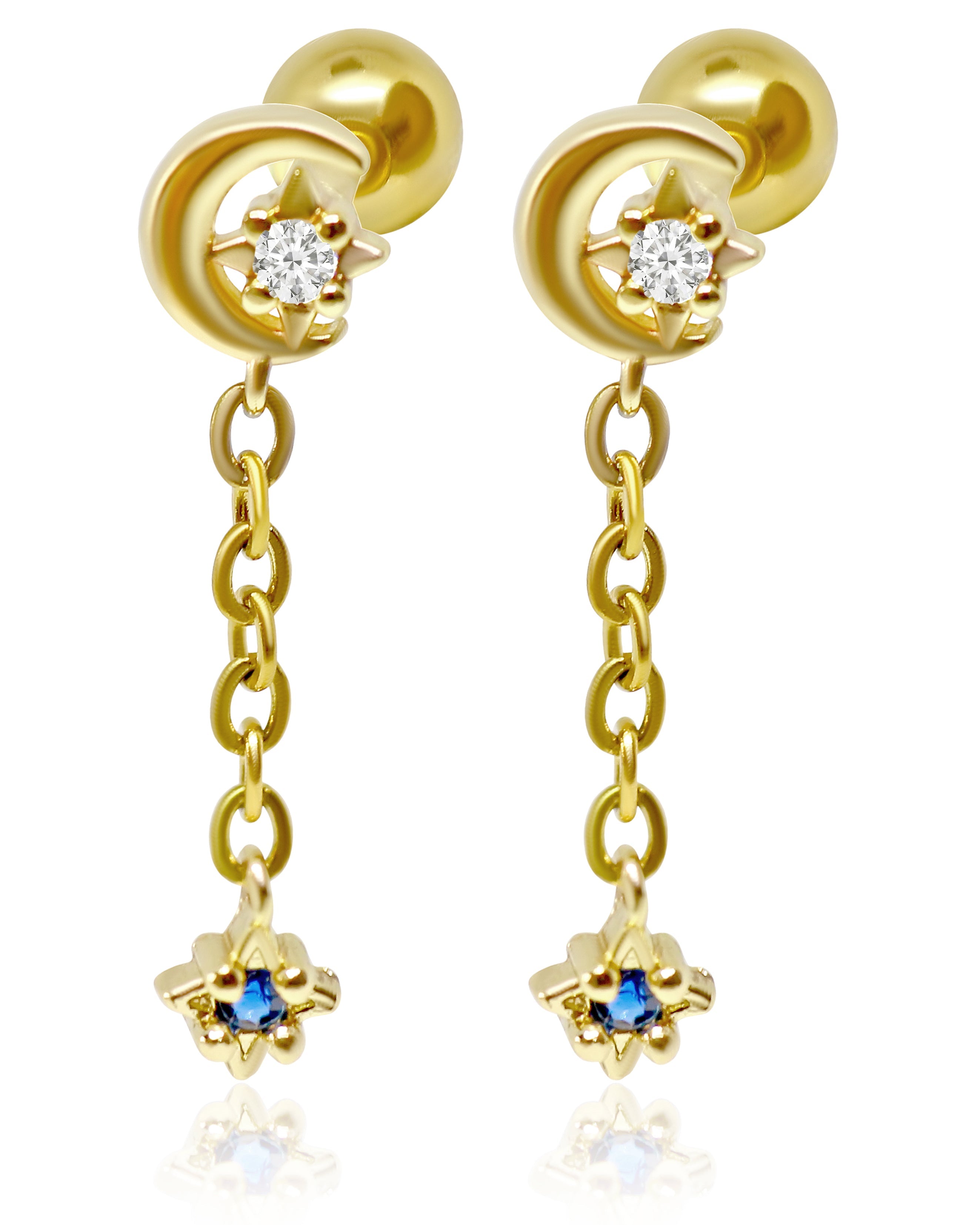 Zodiac Celestial Moon & Star Chain Drop Ear Piercing Earring Stud Set