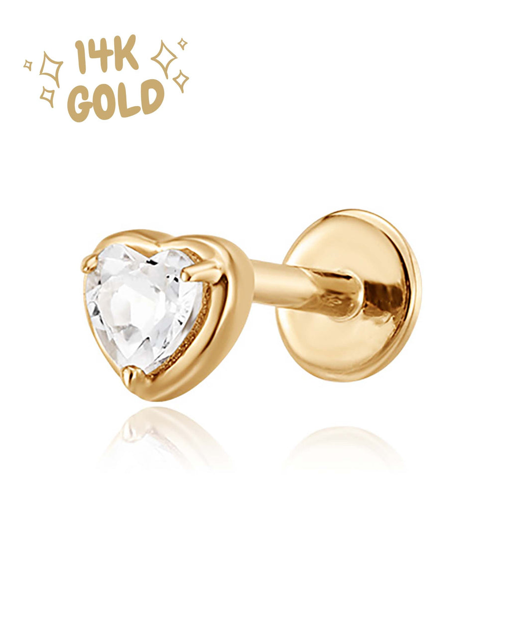 Love Crystal Heart Threaded 14K Gold Earring Stud