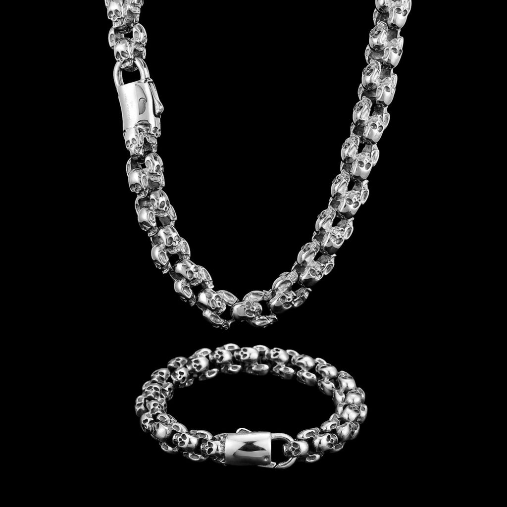Deathrow stainless steel jewelry set on a black background