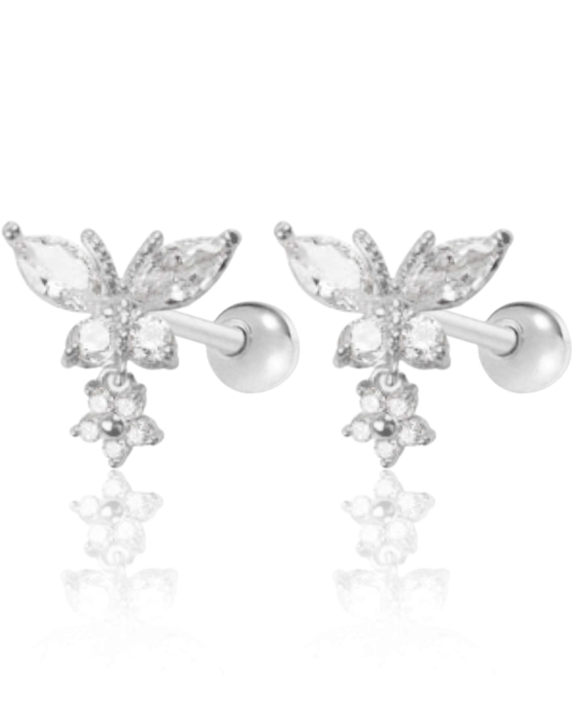 Metamorphosis Crystal Butterfly Flower Drop Ear Piercing Earring Stud Set