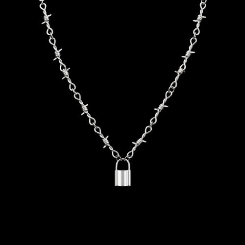 Barbed lock stainless steel necklace on a black background