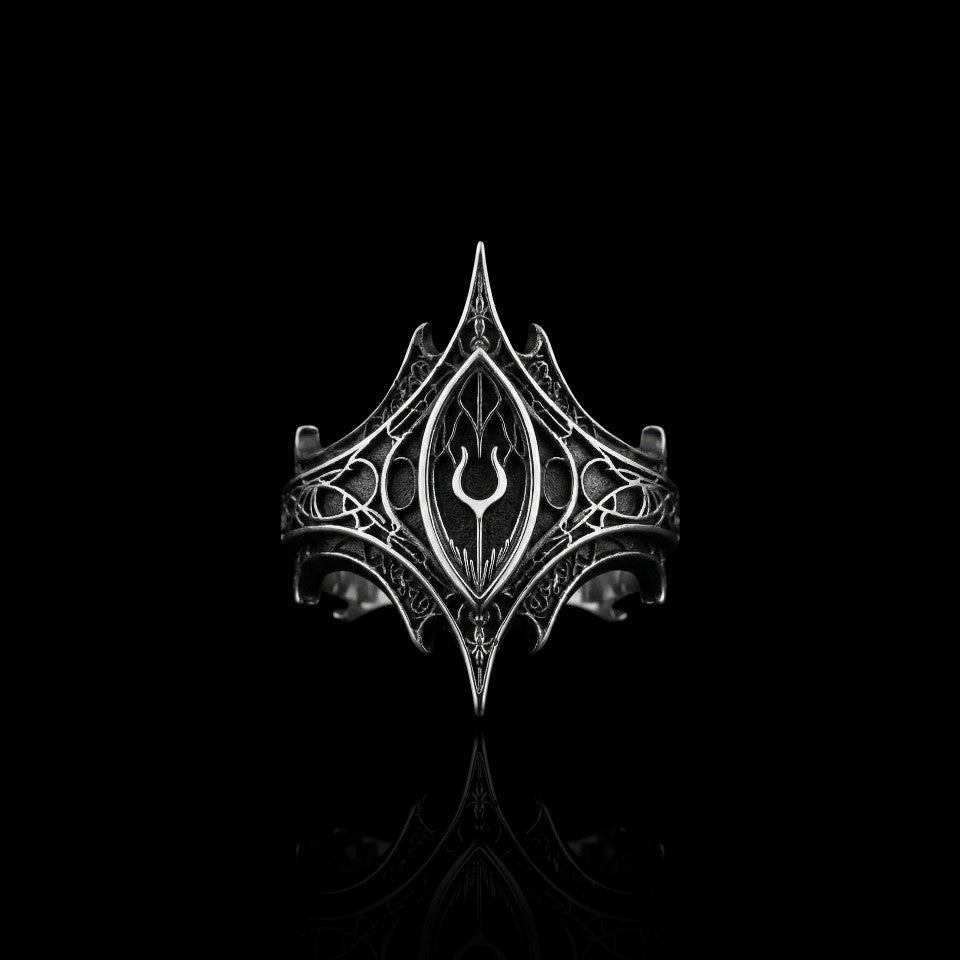 Monolith gothic stainless steel ring on a black background