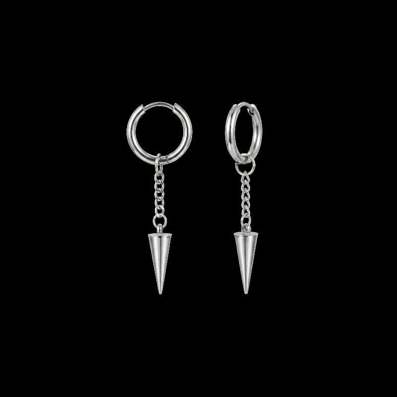 Impale spiked stainless steel earrings on a black background