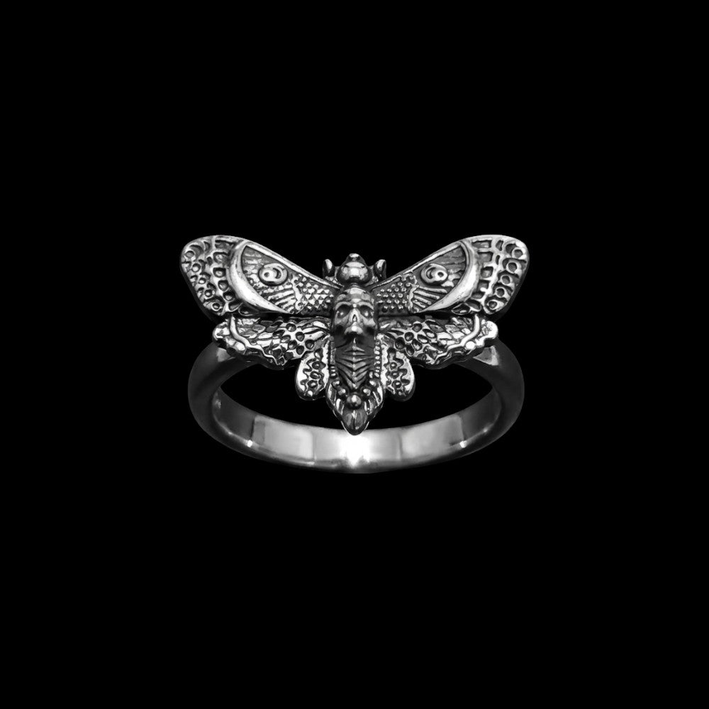 Duskwing stainless steel skull ring on a black background