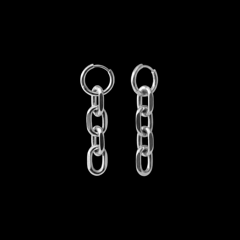 Chain-link stainless steel hoop earrings on a black background