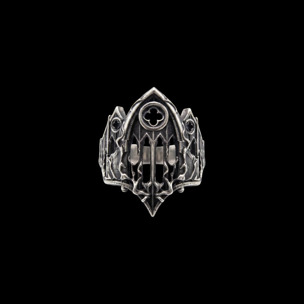 Worship Nothing gothic stainless steel ring on a black background