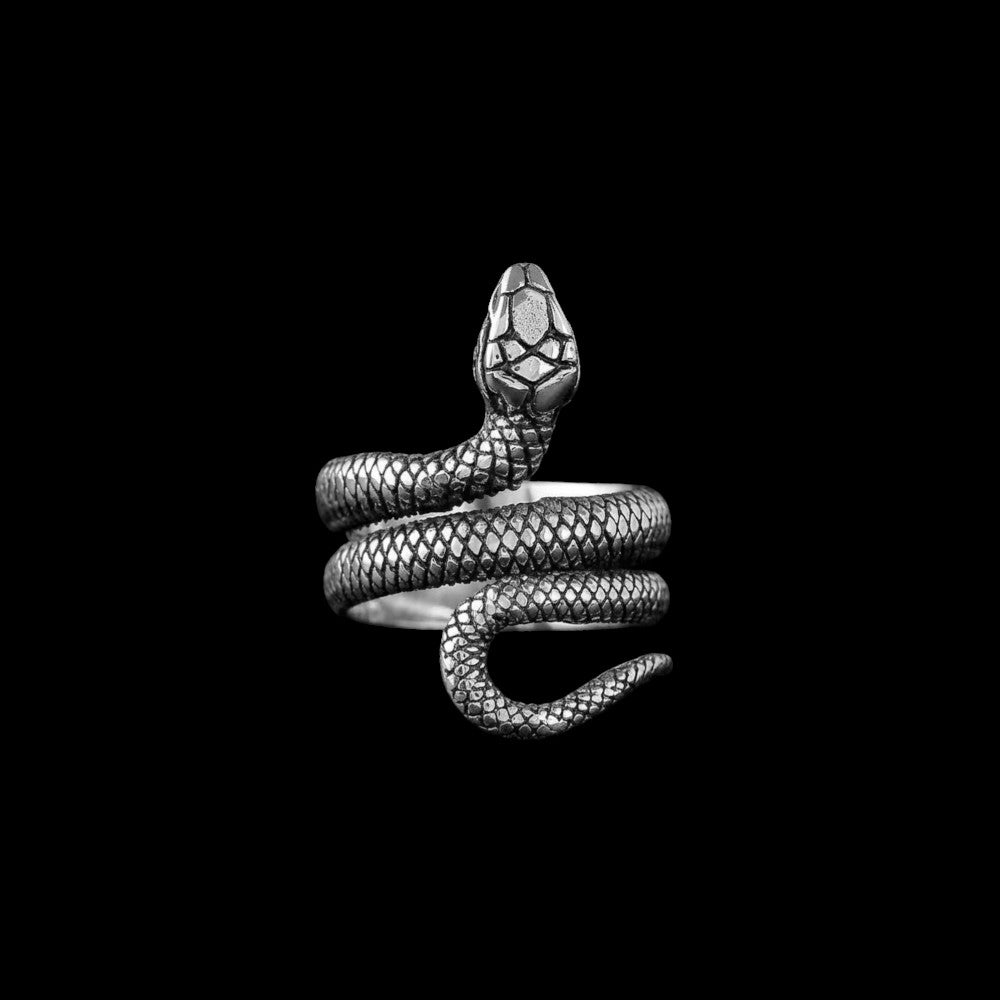 Spitfire serpent stainless steel ring on a black background