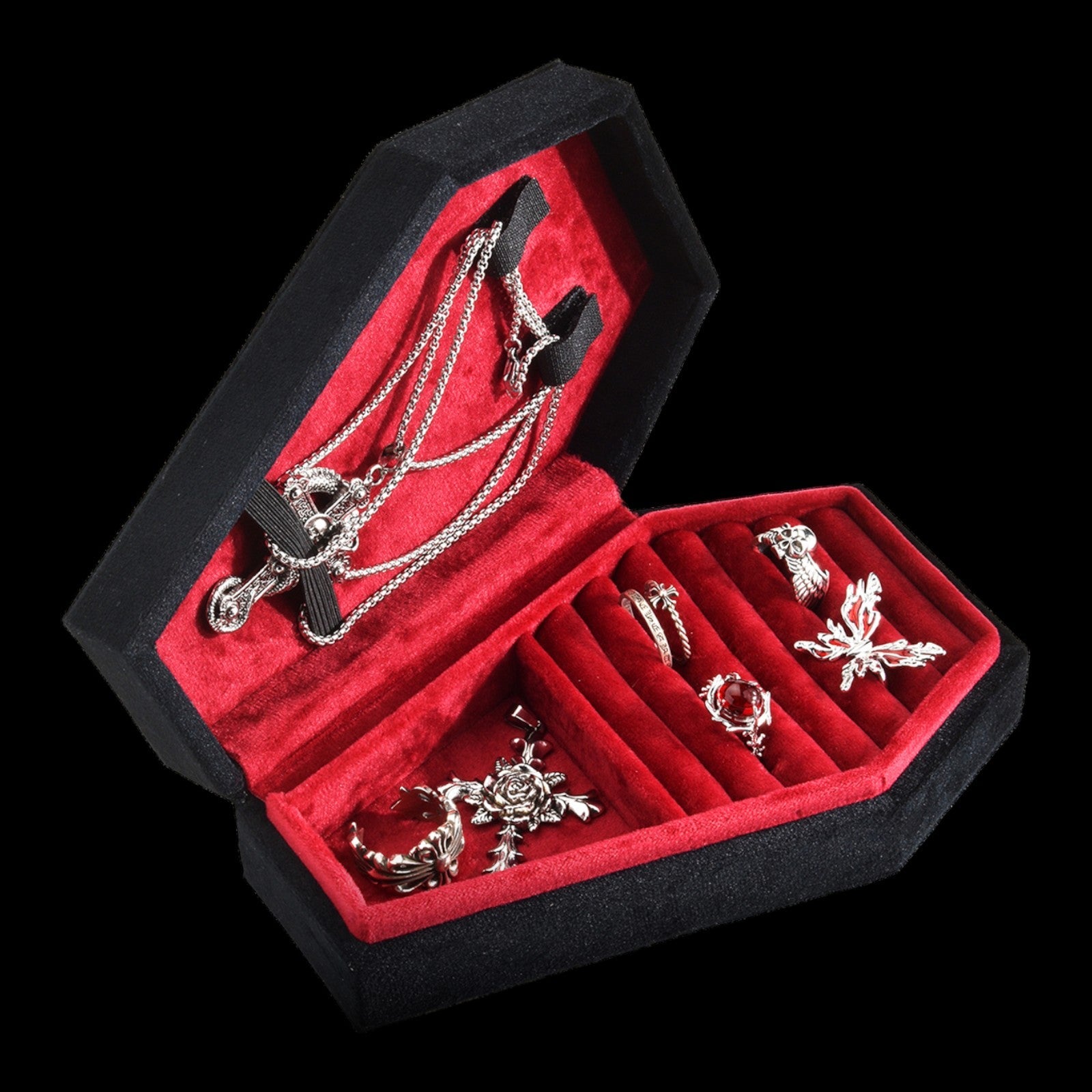 Coffin-shaped gothic jewelry box on a black background