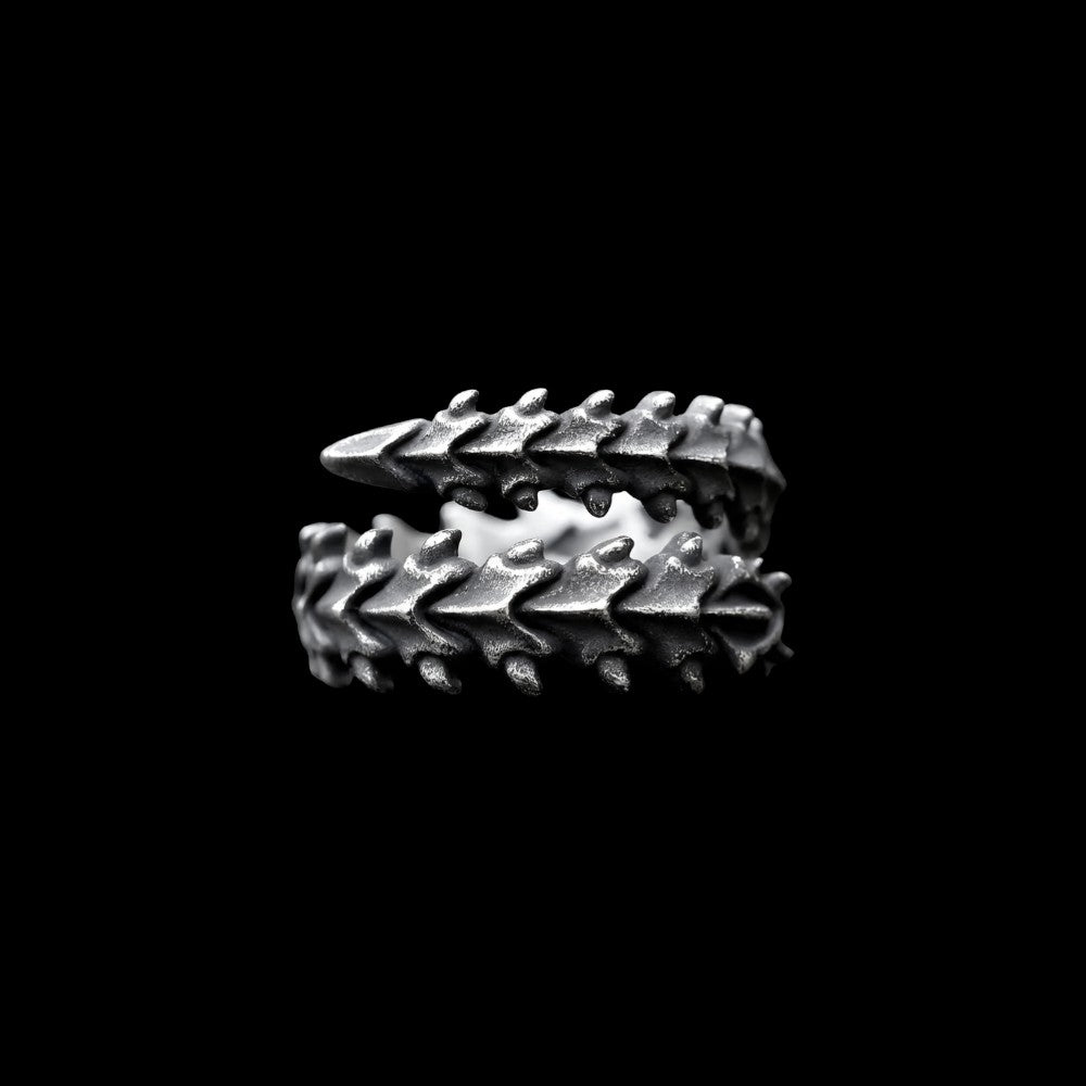 Spinebreaker stainless steel ring on a black background