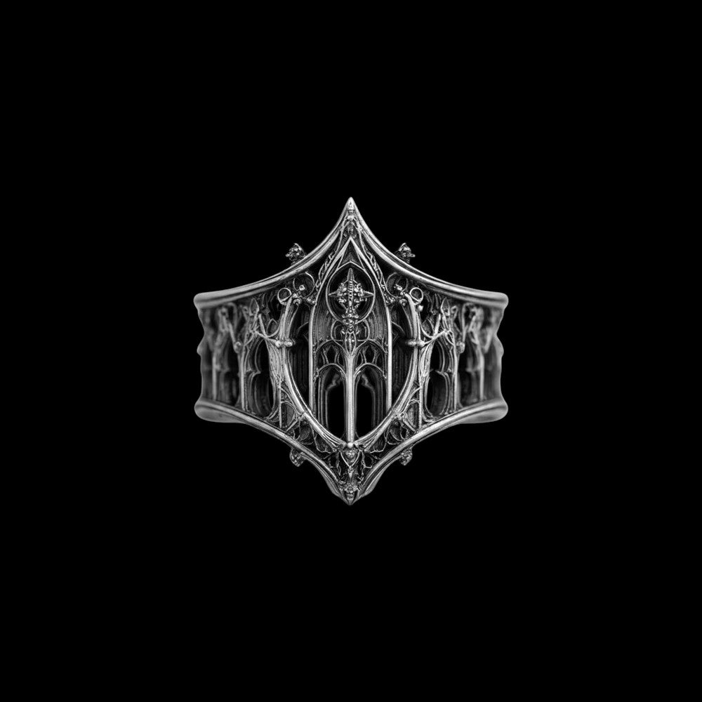 Dead Chapel gothic stainless steel ring on a black background