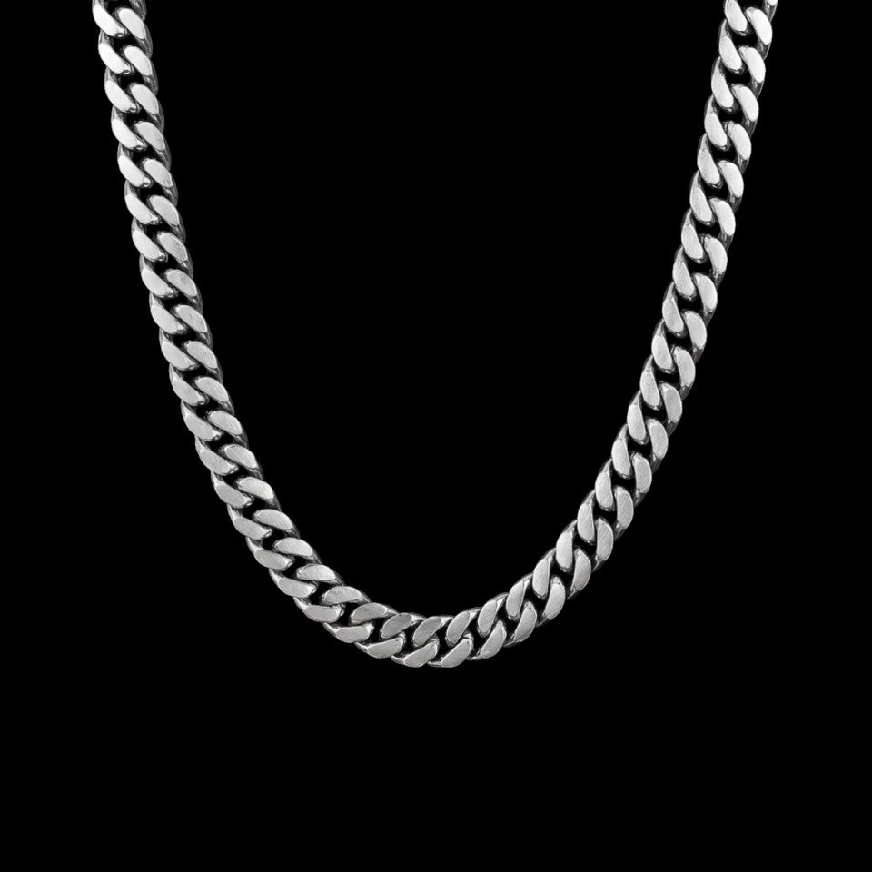 10mm Cuban link stainless steel chain necklace on a black background