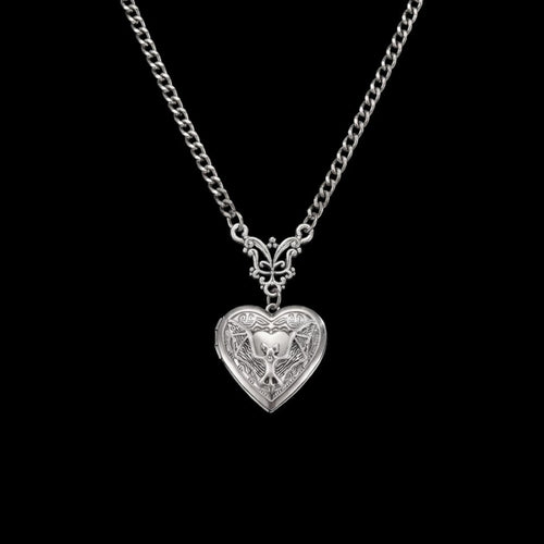 Bat locket stainless steel necklace on a black background