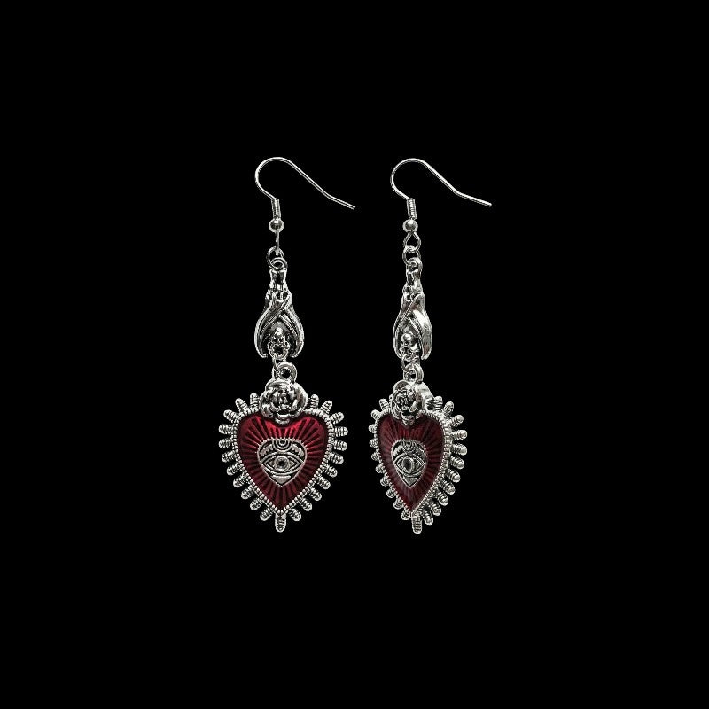 Blood rose red crystal earrings on a black background