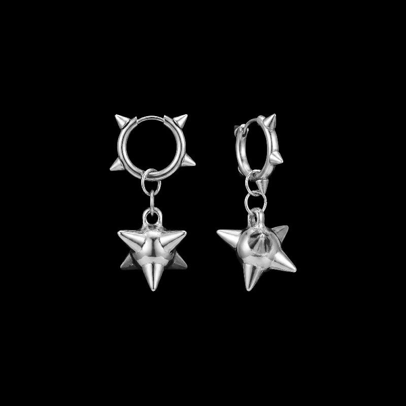 Mace spiked stainless steel earrings on a black background