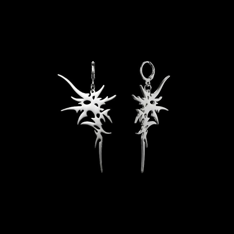 Onslaught stainless steel earrings on a black background