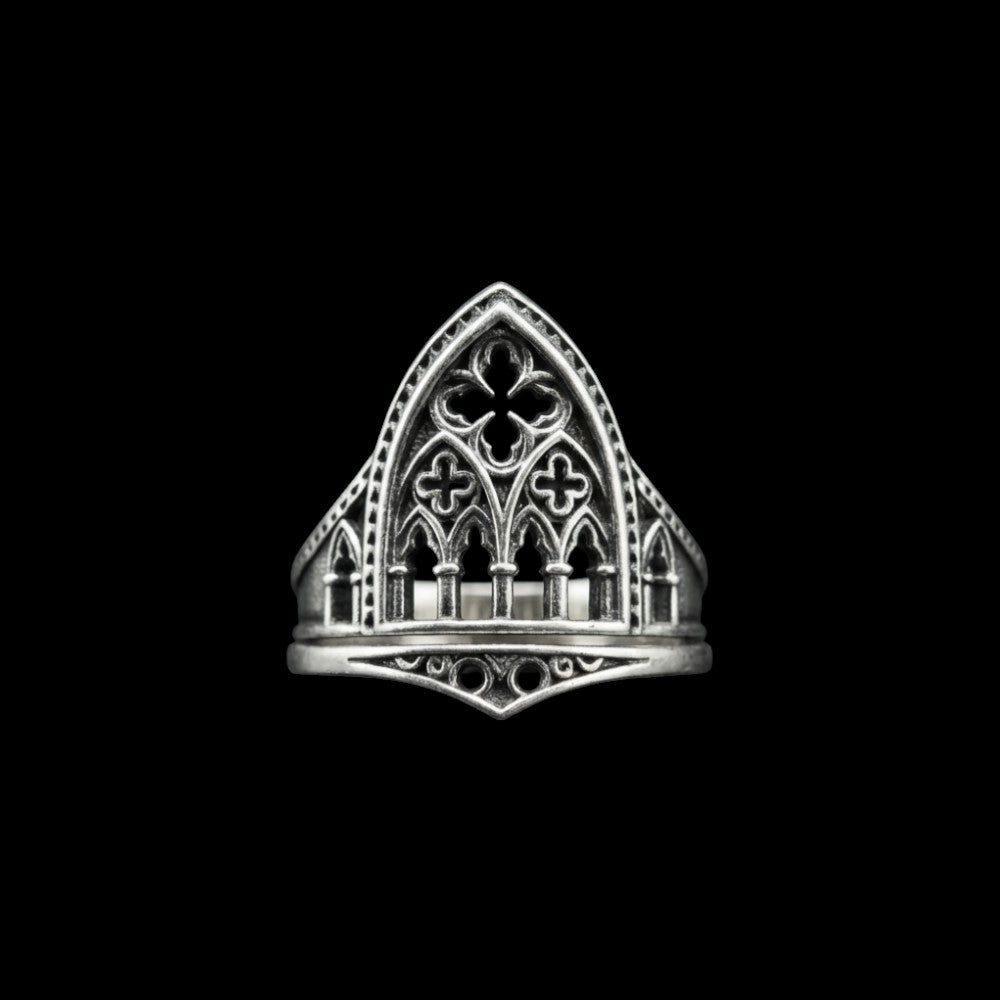 Cathedral gothic stainless steel ring on a black background
