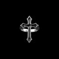 Obsidian crucifix stainless steel ring on a black background