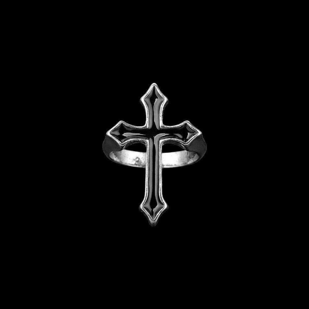 Obsidian crucifix stainless steel ring on a black background
