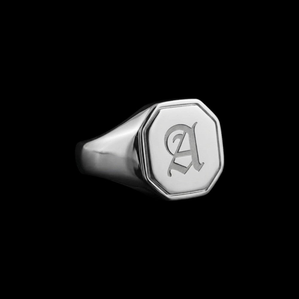 Custom hexagon signet stainless steel ring on a black background