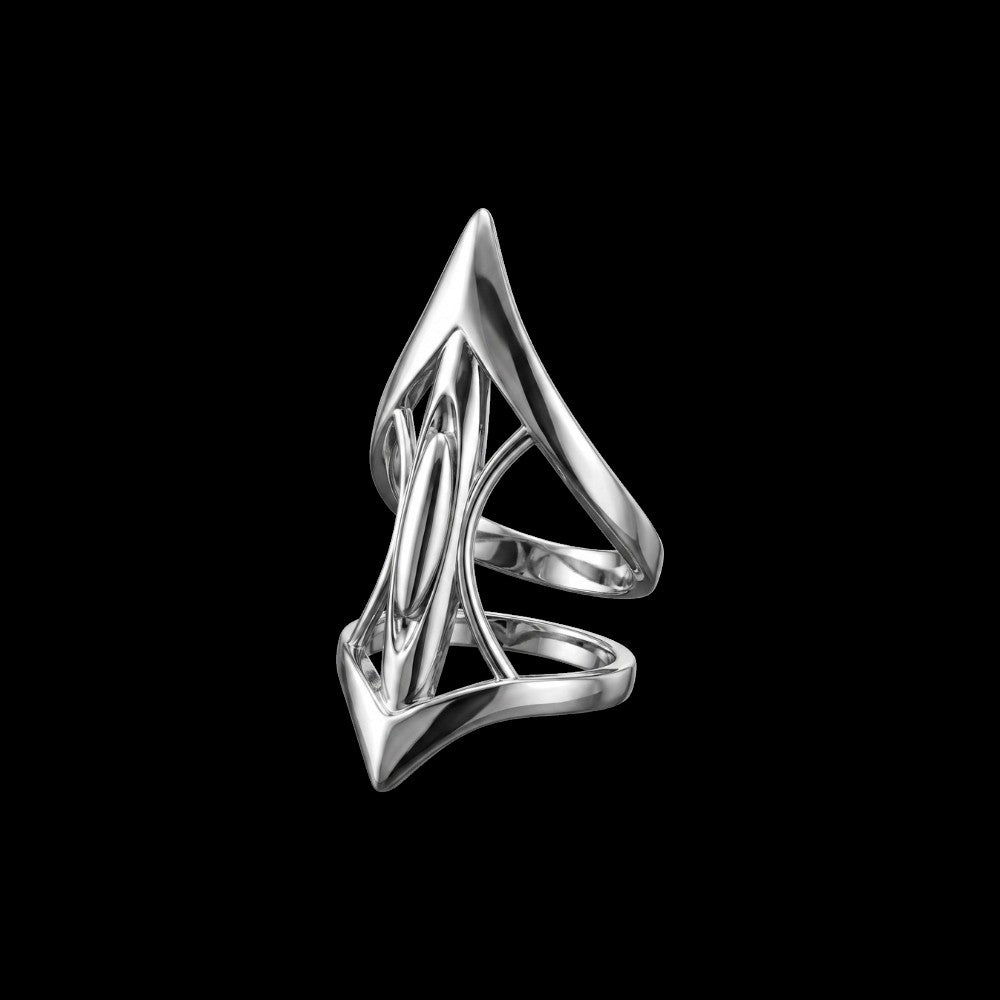Lance spiked stainless steel ring on a black background