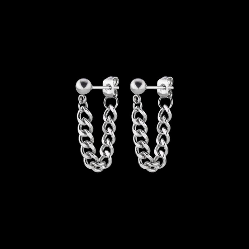 Lockdown stainless steel chain earrings on a black background