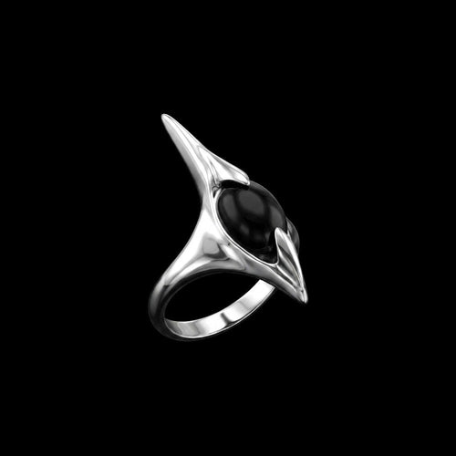 Abyss black stainless steel ring with onyx stone on a black background