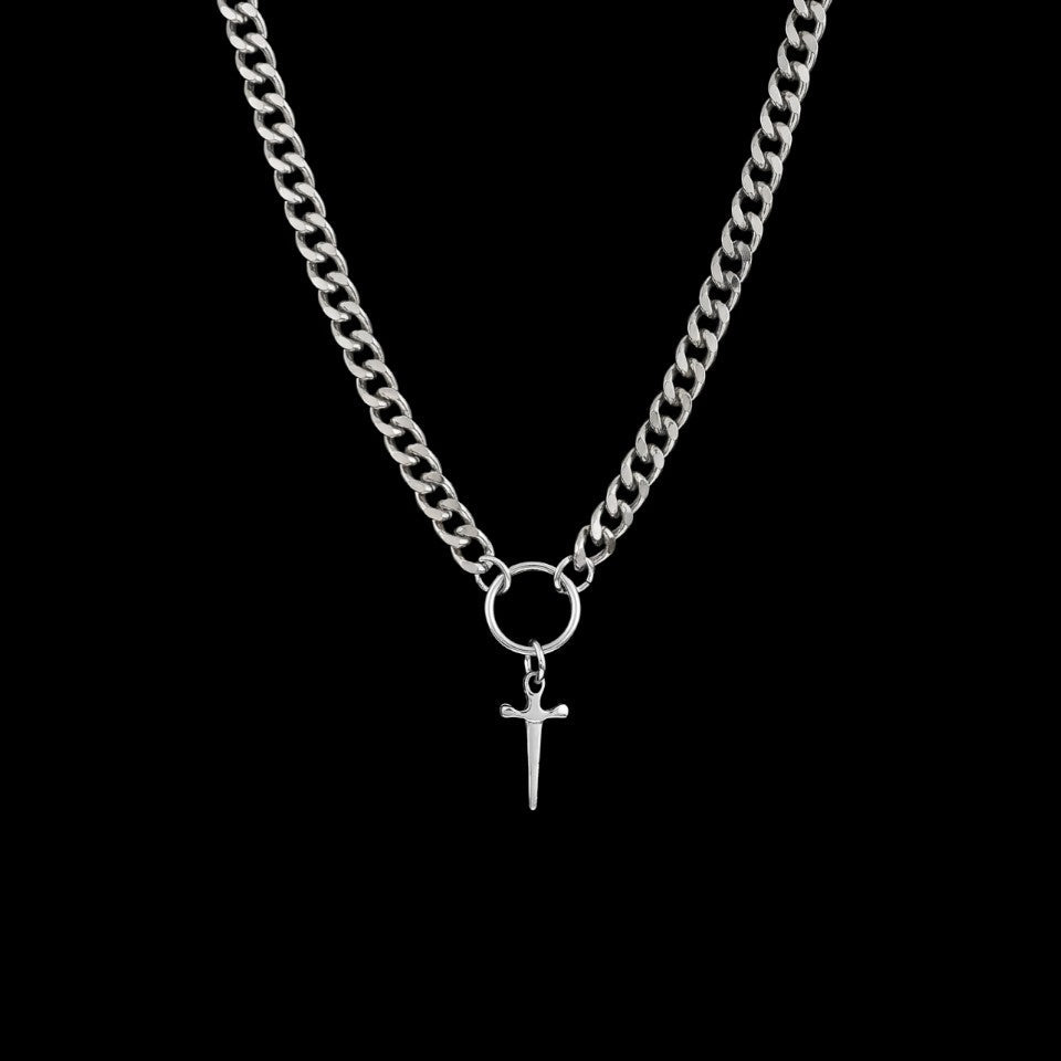 Sword and chain stainless steel choker on a black background