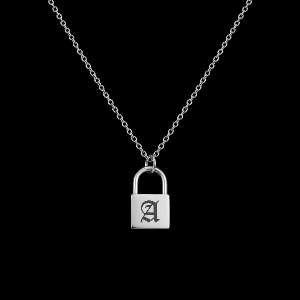 Gothic lock stainless steel necklace on a black background