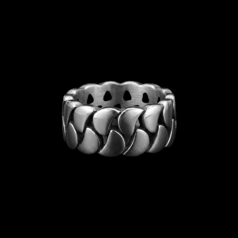 Cuban link stainless steel ring on a black background