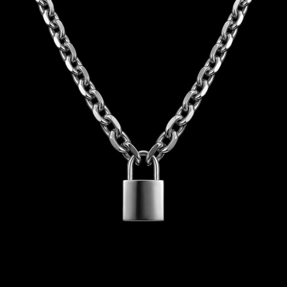 Heavy lock stainless steel necklace on a black background